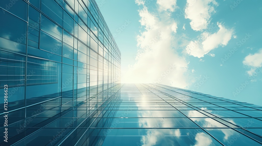 Modern office building or business center. High-rise window buildings made of glass reflect the clouds and the sunlight. empty street outside wall modernity civilization. growing up business Modern office building or business center. High-rise window buildings made of glass reflect the clouds and the sunlight. empty street outside wall modernity civilization. growing up business
