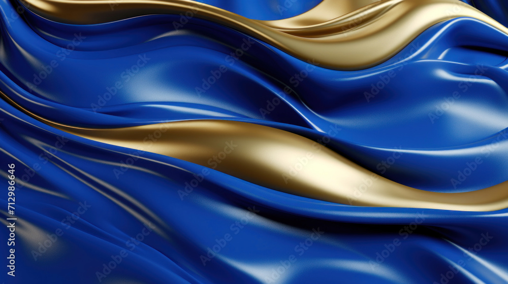 Fototapeta premium Elegant blue satin with golden accents draped in smooth, flowing waves, suggesting opulence and luxury.