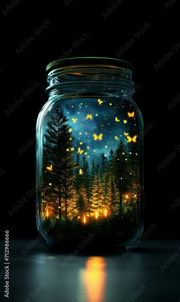 fireflies and a forest in a glas jar on black background fireflies and a forest in a glas jar on black background