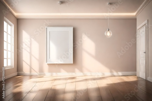 A serene empty room with a blank white frame on a clear solid color wall  bathed in the soft glow of a sleek pendant light.