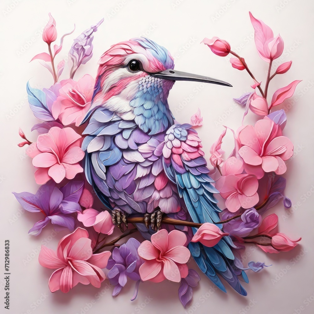 hummingbird bird in lilac pink blue colors