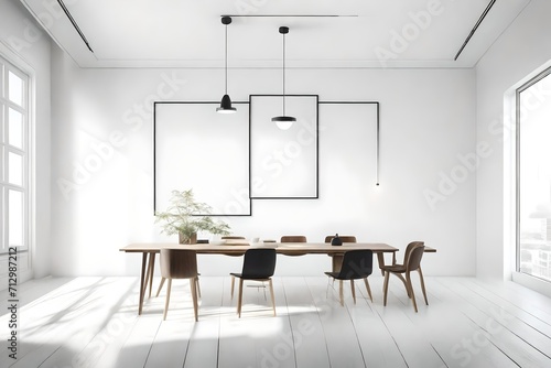 A minimalistic space featuring an empty frame on a pristine white wall, illuminated by a modern pendant light, creating a beautifully simple atmosphere.