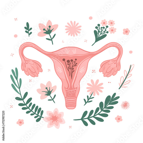 Vector illustration of a female uterus. Healthy uterus of a girl in delicate flowers and plants. Women Health. Genital organs.