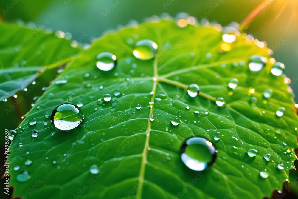 Extreme macro of large beautiful drops of transparent rain water on a green leaf, drops of dew Extreme macro of large beautiful drops of transparent rain water on a green leaf, drops of dew