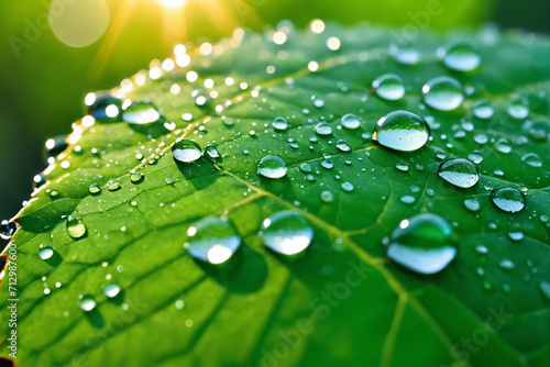 Extreme macro of large beautiful drops of transparent rain water on a green leaf, drops of dew