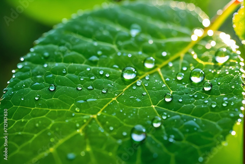 Extreme macro of large beautiful drops of transparent rain water on a green leaf, drops of dew