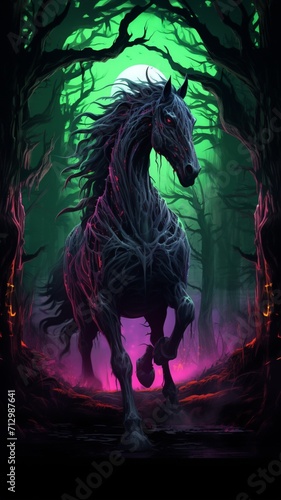 Generative AI evil horse dark neon light forest pictures