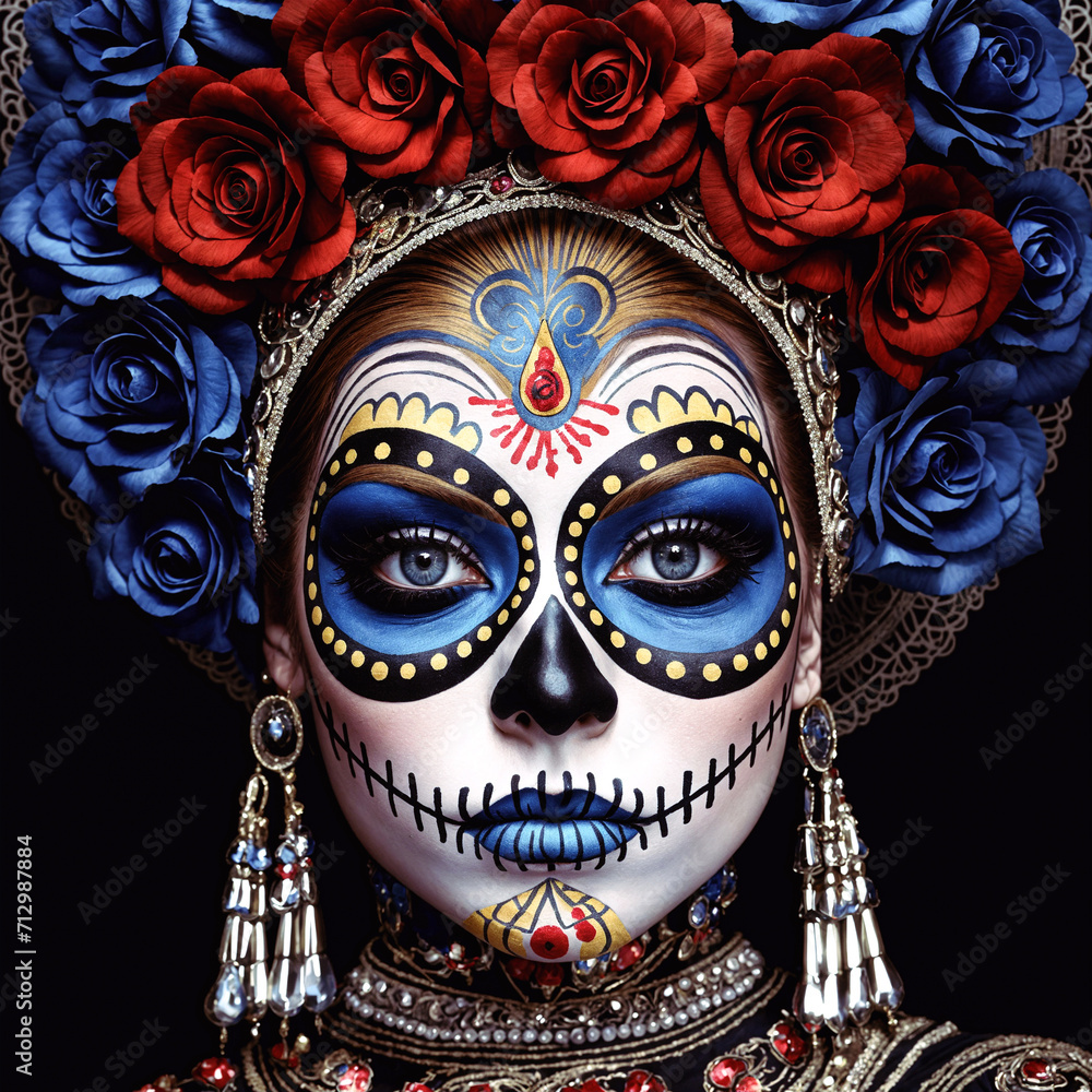 Sugar Skull Serenade: Where Laughter Echoes in Bone, a Vibrant Face Sings Life's Sweet Song.
Blue Blooms and Crimson Charms: Death Dances with Delight, a Dia de Muertos Diva Embraces Sunlit Skulls.