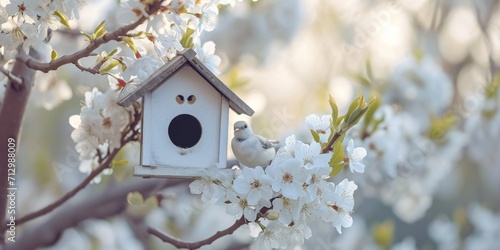 bird house on spring blossom trees