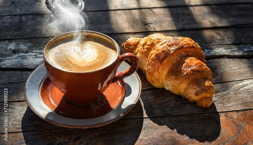 Close-up of a cappuccino cup and fresh French croissant on a wooden table with copy space. Generative Ai.