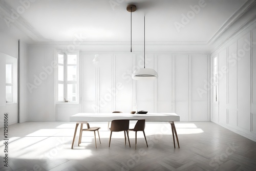 A mesmerizing snapshot of an empty room, a blank white frame, and a sleek pendant light, crafting a visually stunning narrative of minimalistic allure.