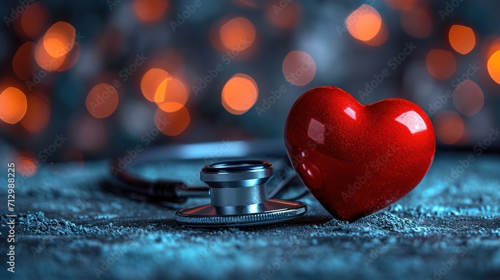 Stethoscope And Flat Red Heart World Health Day and on hospital Blurred and Glowing Background Stethoscope And Flat Red Heart World Health Day and on hospital Blurred and Glowing Background