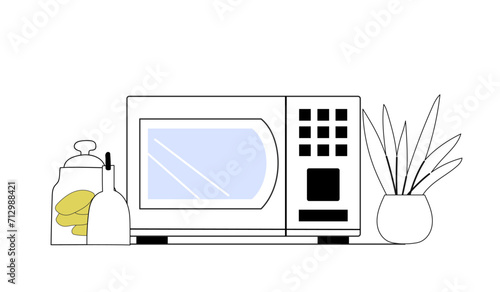Close up kitchen interior composition of microwave oven, jars and flower pot standing on the table. Outline drawing with minimal colourful parts. Vector illustration