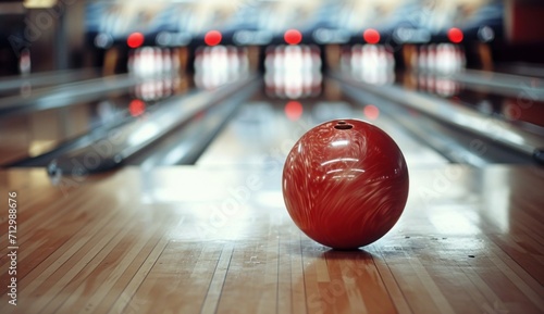 bowling ball at the front of a pins with many other bowling balls