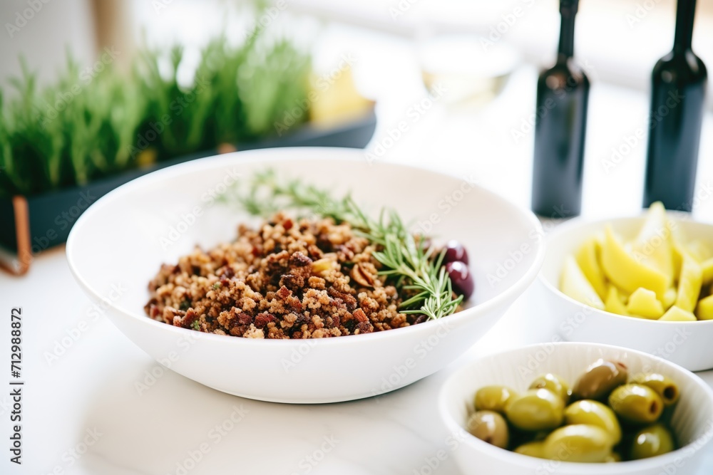 freshly made olive tapenade in white bowl beside olives freshly made olive tapenade in white bowl beside olives