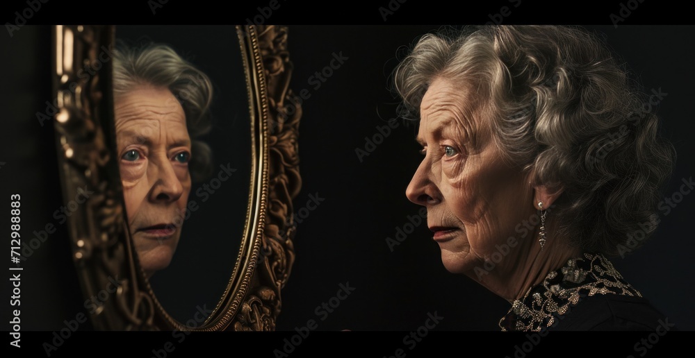 an older woman with an antique mirror, - obrazy, fototapety, plakaty 