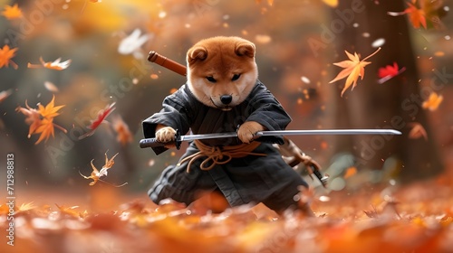 Shiba inu dog as samurai warrior in battle pose with katana sword, wearing traditional Japanese kimono. Creative animal funny pet in costume 3d digital art, surreal autumn garden landscape background.