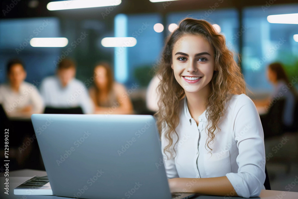 Woman is working in office with laptop portrait. Generative ai design. Woman is working in office with laptop portrait. Generative ai design.
