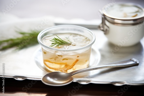elegant setting of onion soup with silver spoon, white linen
