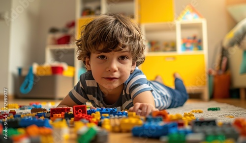 boy is playing with blocks in a room