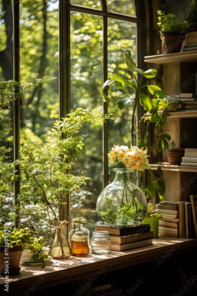 Home office with natural light and greenery, creating an inspiring and sustainable workspace for hybrid work, Generative AI Home office with natural light and greenery, creating an inspiring and sustainable workspace for hybrid work, Generative AI
