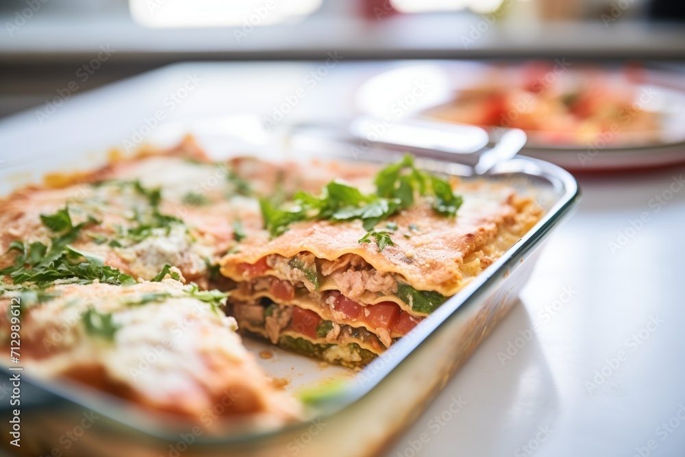 close-up of lasagna layers in a baking dish close-up of lasagna layers in a baking dish
