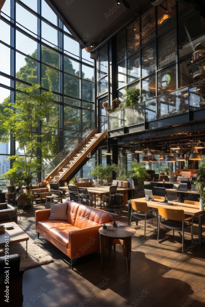 Fototapeta premium Home office with natural light and greenery, creating an inspiring and sustainable workspace for hybrid work, Generative AI