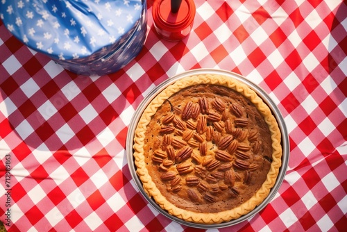 pecan pie at a picnic, with red and white checkered cloth