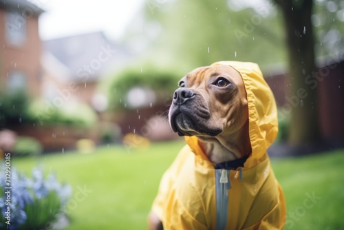 dog in a raincoat during a drizzle outside