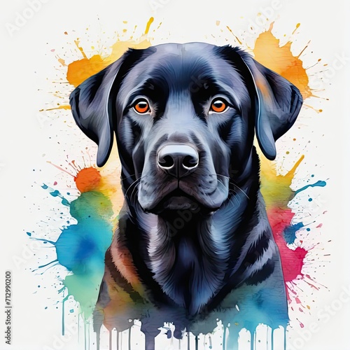 Watercolor black labrador retriever dog with watercolor splashes