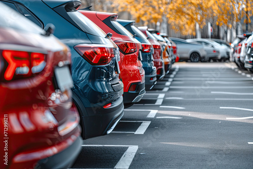 Car parked at outdoor parking lot. Used car for sale and rental service. Car insurance background. Automobile parking area. Car dealership and dealer agent concept. Automotive industry © Nhan