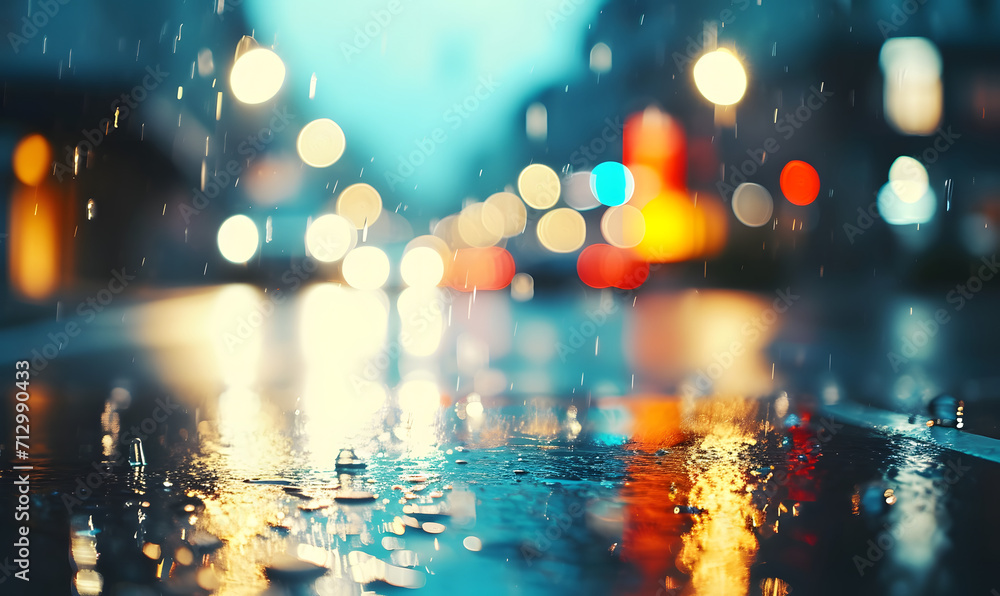 Blurred background of an evening city street in the rain,Generative AI Blurred background of an evening city street in the rain,Generative AI