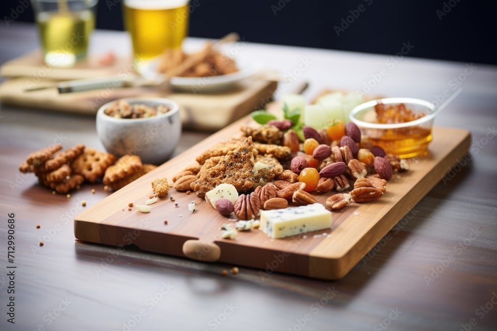 Fototapeta premium pretzels and nuts on a wooden board for snacking