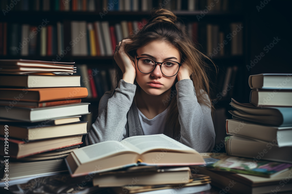 female student who is tired with stacks of books in the library female student who is tired with stacks of books in the library