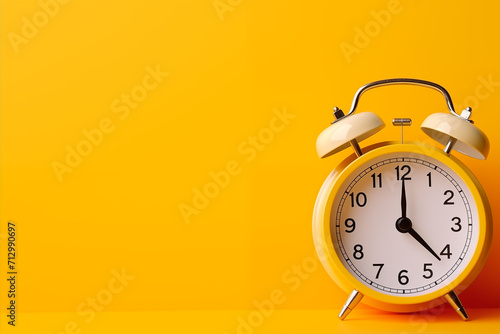 A yellow alarm clock on a yellow background with copy space to add text for advertising