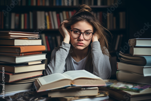 female student who is tired with stacks of books in the library