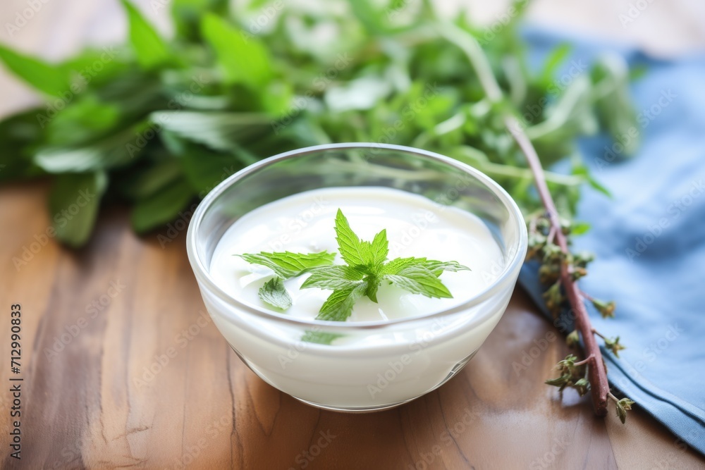 probiotic yogurt in a bowl with a mint leaf garnish probiotic yogurt in a bowl with a mint leaf garnish