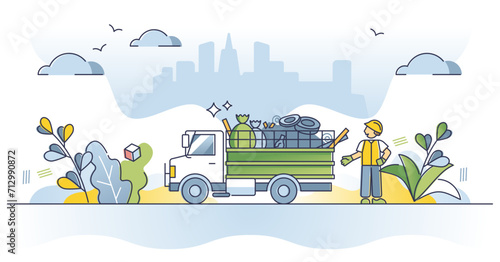 Rubbish removal truck and daily waste disposal management outline concept, transparent background. Garbage dump car to carry trash to landfill illustration. Vehicle with container.