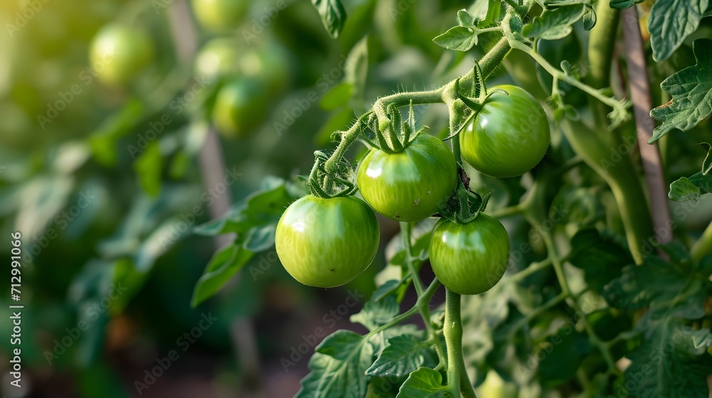 Tomato plant with new fruits, green unripe tomatoes growing in the vegetable garden