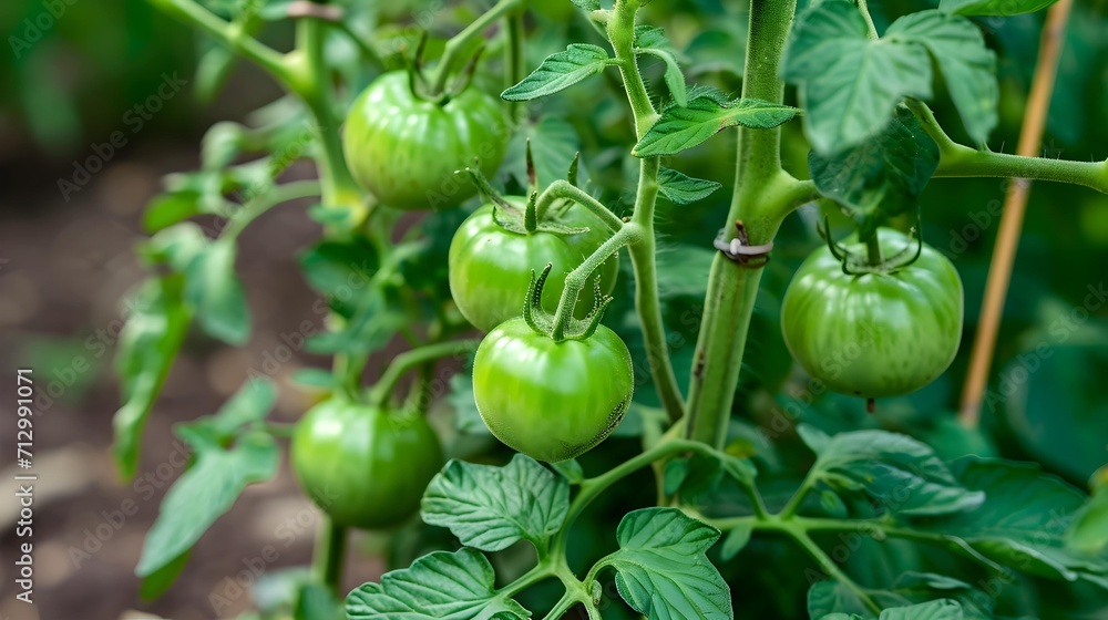 Tomato plant with new fruits, green unripe tomatoes growing in the vegetable garden Tomato plant with new fruits, green unripe tomatoes growing in the vegetable garden