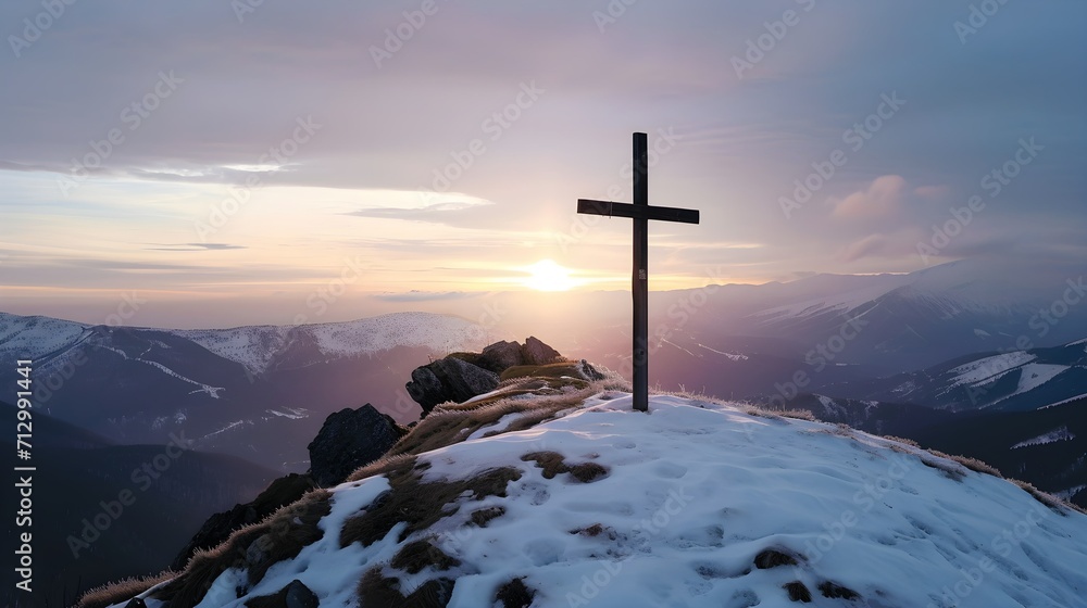 Wooden cross on the top of the mountain. Success concept. Wooden cross on the top of the mountain. Success concept.