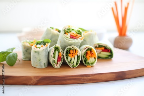 row of cucumber and bell pepper wraps on a wooden platter