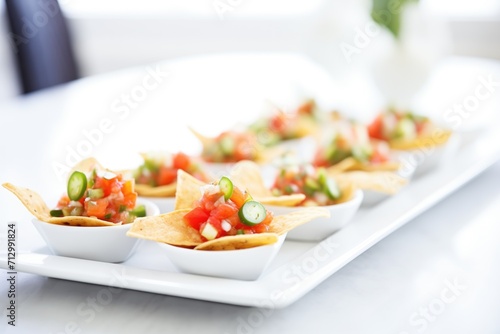 a neat row of chips with salsa dollops on top, clean white platter