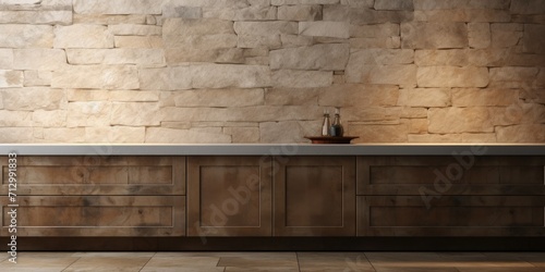 Kitchen cabinet with empty space and stone pedestal. © Sona