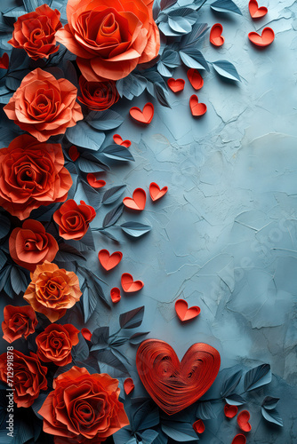 red roses and hearts in paper craft style