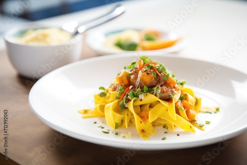 pasta dish with sausage slices and bell pepper sauce