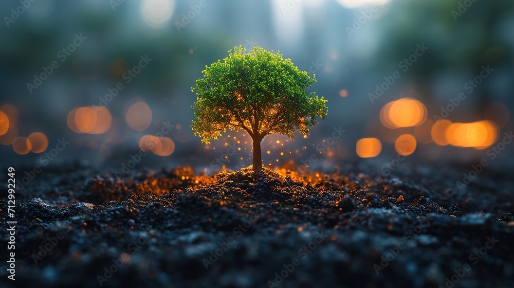 Planet Earth tree viewed from space with city lights in earth with Blurred and Glowing Background Planet Earth tree viewed from space with city lights in earth with Blurred and Glowing Background