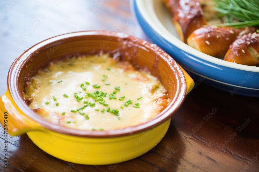 soft pretzel with melted cheese dip in a ceramic bowl soft pretzel with melted cheese dip in a ceramic bowl
