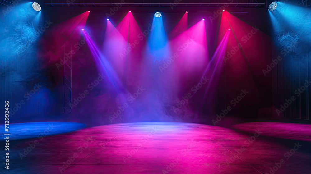 Theater stage light background with spotlight illuminated the stage for opera performance. Stage lighting. Empty stage with bright colors backdrop decoration. Entertainment show. Generative AI