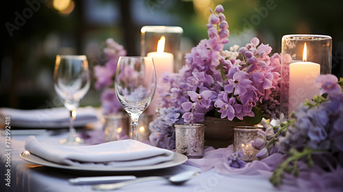 Wedding table adorned with lovely flowers.